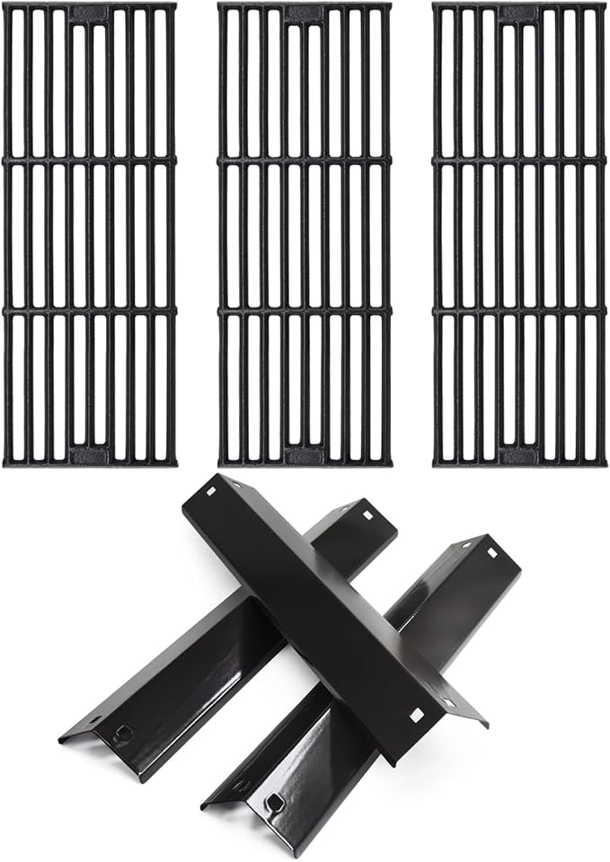 Hiorucet Grill Replacement Parts for Chargriller 5650, 5050, 3001, 5072, 3030, 3008, 4000, 5252, King Griller 3008 5252 Gas Grill, Cast Iron Grill Grates, Porcelain Steel Heat Plates