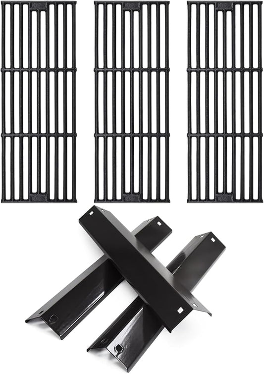 Hiorucet Grill Replacement Parts for Chargriller 5650, 5050, 3001, 5072, 3030, 3008, 4000, 5252, King Griller 3008 5252 Gas Grill, Cast Iron Grill Grates, Porcelain Steel Heat Plates