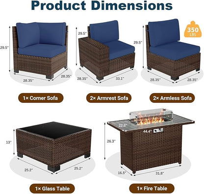 7 Piece Patio Furniture Set with Fire Pit Table, Outdoor Conversation Sets Wicker Rattan Sectional Sofa with Coffee Table, 4'' Thickened Cushion Navy Blue (Include Waterproof Cover)