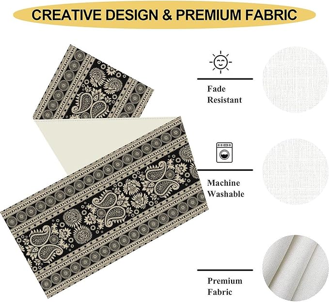 Black Paisley Table Runner, Rustic Damask Antique Floral Flower Retro Boho Swirled Pattern Coffee Vintage Table Center Decor for Family Kitchen and Living Room Outdoor Table Decorations, 13" X 108"