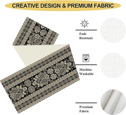 Black Paisley Table Runner, Rustic Damask Antique Floral Flower Retro Boho Swirled Pattern Coffee Vintage Table Center Decor for Family Kitchen and Living Room Outdoor Table Decorations, 13" X 108"