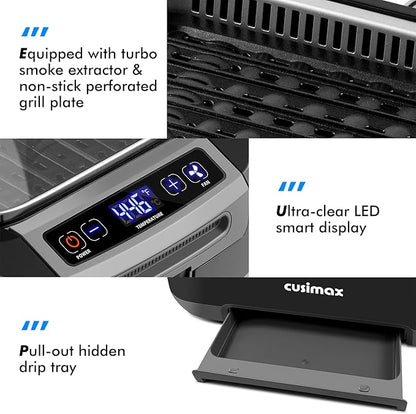 CUSIMAX Electric Indoor Grill, 1500W Smokeless Korean BBQ Grill with Smart LED Display & Tempered Glass Lid, Removable Non-stick Plate, Turbo Smoke Extractor, Black