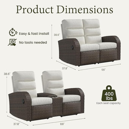 Oversized 2 Pieces Wicker Outdoor Recliner Loveseat - Image 2