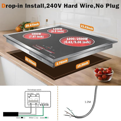Noxton 24 Inch Electric Cooktop, 3 Burner Built-in Radiant Stove Top, Stainless Steel Frame, Dual Zone Ceramic Glass Hob, Touch Slide Control, 9 Power Levels, Timer, Child Lock, 5500W, 240V Hardwired