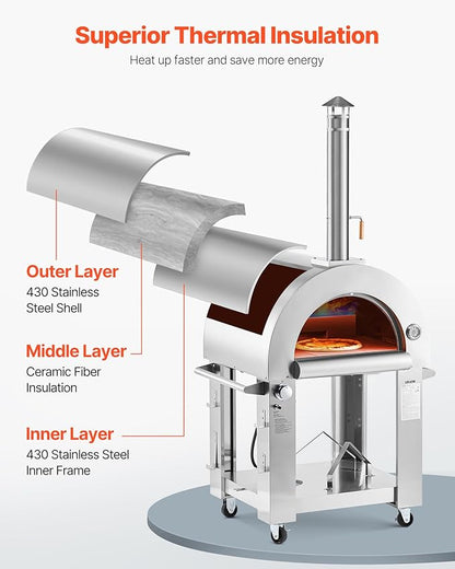 VEVOR Dual Fuel Pizza Oven Outdoor, 26 in Portable Pizza Oven, Pellet & Gas Powered Outdoor Pizza-Maker with Thickened Cordierite Pizza-Stone, Easy to Move with Casters, for Camping and Backyard