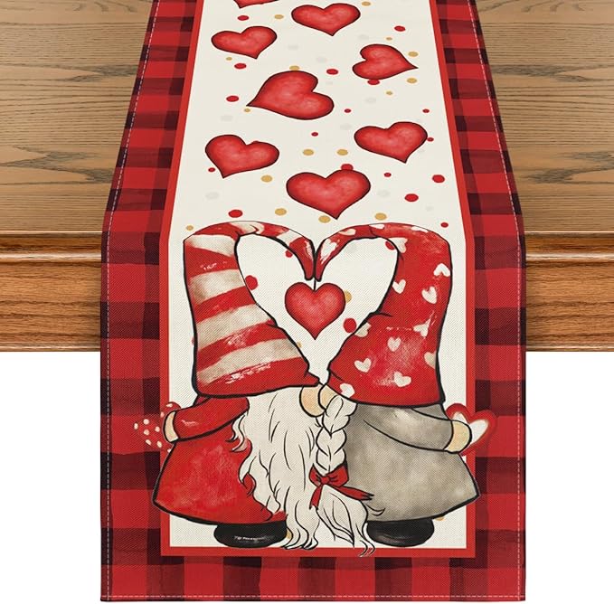 Artoid Mode Red Watercolor Hearts Gnomes Love Valentine's Table Runner, Seasonal Anniversary Wedding HoliKitchen Dining Table Decoration for Indoor Outdoor Home Decor 13x48 Inch