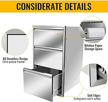 Pull Out Trash Drawer, Lower Sliding Rails Stainless Steel Roll Out Trash Bin Pull Out Tray With Handle For Outdoor Kitchen BBQ Island Grill Station,Three Drawers