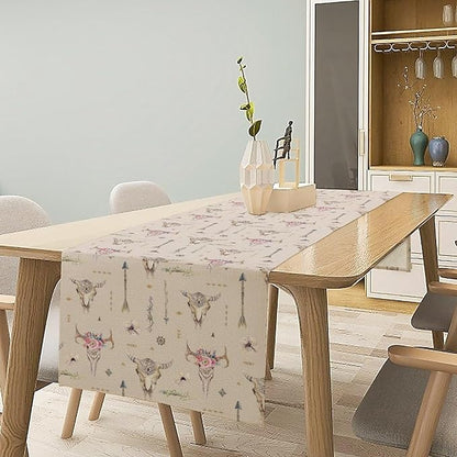 Western Boho Table Runner, Aztec Native Tribal Bull Skull Southwestern Bohemian Geometric Floral Pattern Table Runner for Home Kitchen Dining Party Farmhouse Cafe 13x60in