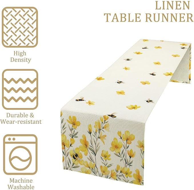 Yellow Wild Flowers Table Runner, Rustic Farmhouse Watercolor Daisy Floral Branches Bees Print Table Runner for Kitchen Dining Room Party Picnic Table Decor, 13x120inch