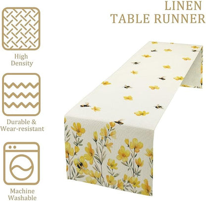 Yellow Wild Flowers Table Runner, Rustic Farmhouse Watercolor Daisy Floral Branches Bees Print Table Runner for Kitchen Dining Room Party Picnic Table Decor, 13x120inch