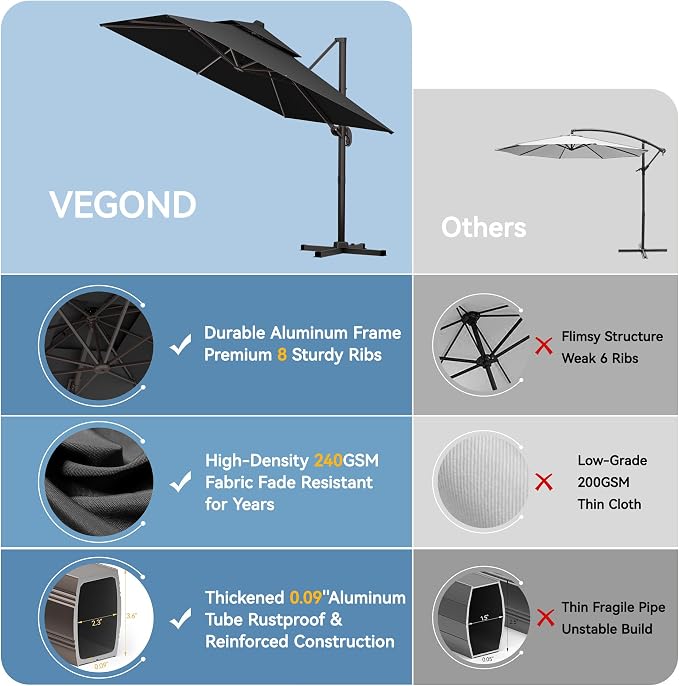 9x12 FT Patio Cantilever Umbrella, Rectangular Heavy Duty Offset Umbrella - Image 2