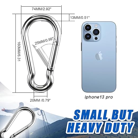 Large Carabiner Clip Hooks, 6pcs 6.2 inch Carabiners Heavy Duty, 304 Stainless Steel Spring Snap Hook Fits Camping Hanging Hiking Weight Lifting, Metal Clips for Rope or Chain