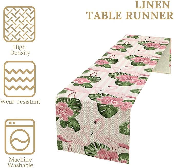 Tropical Table Runner,Retro Flamingo Hawaii Summer Palm Leaves Flower Stripes Table Center Decor for Family Kitchen Living Room Outdoor Farmhouse Party Table Decorations, 13"x36"