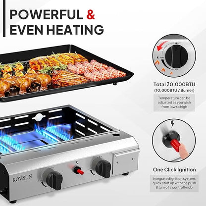 ROVSUN 2 Burner Portable Propane Griddle with Electronic Ignition, 20000 BTU Rolling Flat Top Gas Grill with Nonstick Enameled Tray, Side Shelves & Regulator for Outdoor Cooking Camping BBQ Tailgating