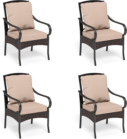 PHI VILLA Outdoor Dining Chairs Set of 4, Heavy Duty Outdoor Metal Wicker Dining Chair with Thickened Cushions, Large All Weather Wrought Iron Patio Chair for Balcony