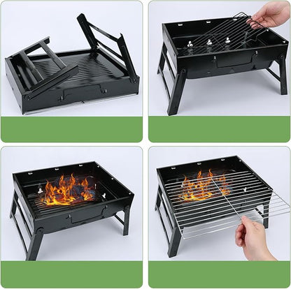 Portable Charcoal Grill for Camping Tailgating Beach Boating Foldable Small Barbeque Grill for Outdoors Lightweight Tabletop BBQ Grill Set with Tongs Gloves Scrubber