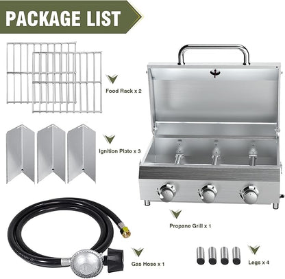 Bestfire 3-Burner Tabletop Gas Grill, 30,000 BTU Portable Propane Grill with Heavy-Duty Thickened Grates & Stainless Steel Knobs, Compact Design&Detachable Legs for Camping, RV, Backyard BBQ
