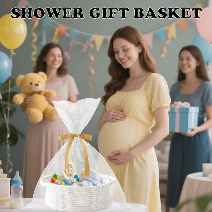 2 Pack Gift Basket with Gift Bag and Ribbons,Small Rope Woven Shelf Storage,Baskets for Gifts Empty,Birthday,Baby Shower,Decorative Organizer Box with Handles(White)
