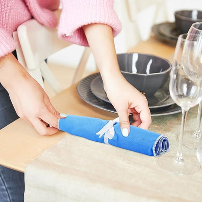 4 Pieces Anti Tarnish Silver Storage Bags silverware Blue Holder for Flatware Storage Organizer Place Setting Roll with White Ribbon for Kitchen Utensils