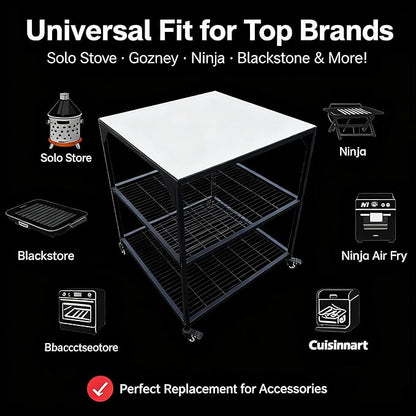 JIN BETTER GRILL PARTS Heavy-Duty Steel Frame Outdoor Kitchen Cart | Stainless Steel Tabletop & 4 Locking Wheels | 31.5" Versatile BBQ Workstation for Ninja, Blackstone, Pizza Ovens
