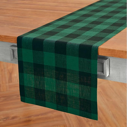 Solino Home Linen Checkered Table Runner 132 Inches Long - 100% Pure Linen Green and Black Buffalo Check Extra Long Table Runner 14 x 132 Inch Ideal for Dining, Winter