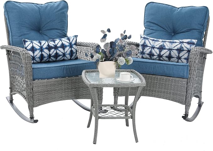 Patio Furniture Set 3 Pieces, Wicker Outdoor Rocking Bistro Set, Backyard or by VonzoyHome