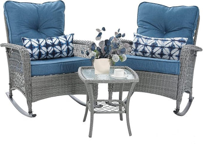 Patio Furniture Set 3 Pieces, Wicker Outdoor Rocking Bistro Set, Backyard or by VonzoyHome