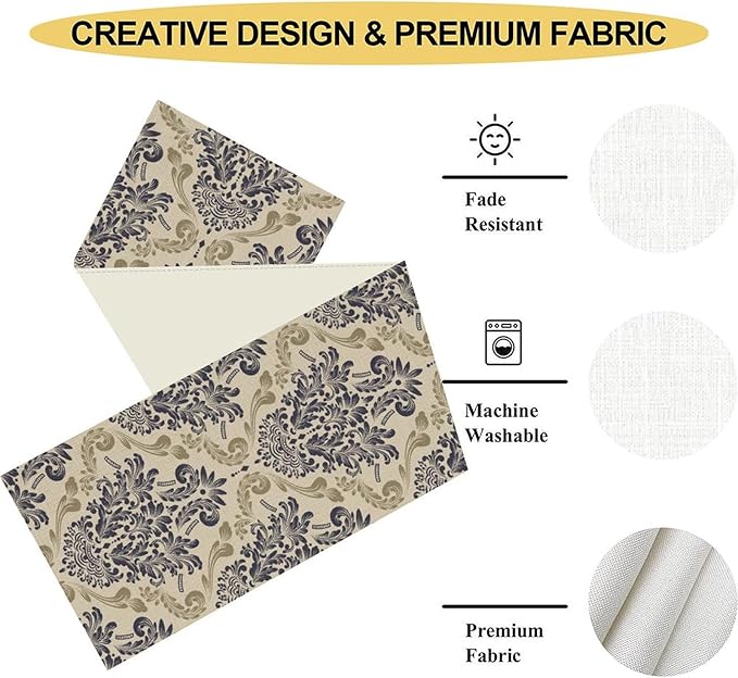 Blue Damask Table Runner, Boho Baroque Style Floral Flower Antique Classic Rustic Gothic Vintage Coffee Table Center Decor for Kitchen and Dining Outdoor Home Country Party Table Decorations, 13"x90"