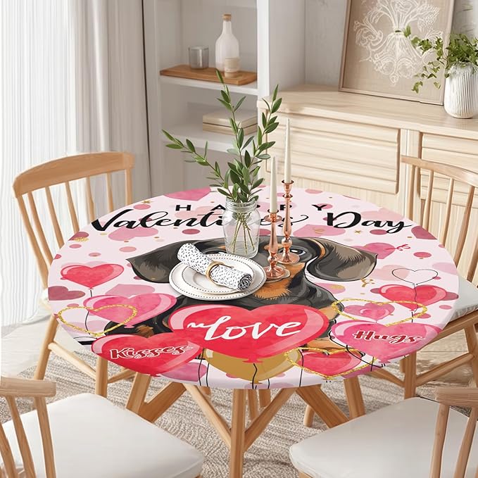 Valentines Day Round Fitted Tablecloth with Elastic Pink Love Heart Dog Circle Table Cloth for 40-44" Tables Wipeable Waterproof Washable Valentine Puppy Table Cover for Picnic Dining Party Decor