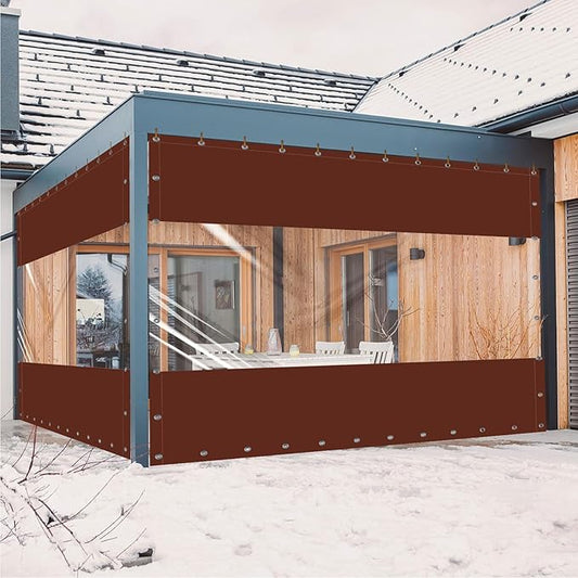 20 Oz Outdoor Vinyl Curtain, Outdoor Clear Panel Curtain, Weather Resistant Outdoor Curtain for Pergola, Porch, Gazebos, with Rustproof Grommets (8'H x 10'W, Brown)