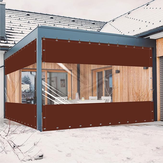 20 Oz Outdoor Vinyl Curtain, Outdoor Clear Panel Curtain, Weather Resistant Outdoor Curtain for Pergola, Porch, Gazebos, with Rustproof Grommets (10'H x 7'W, Brown)
