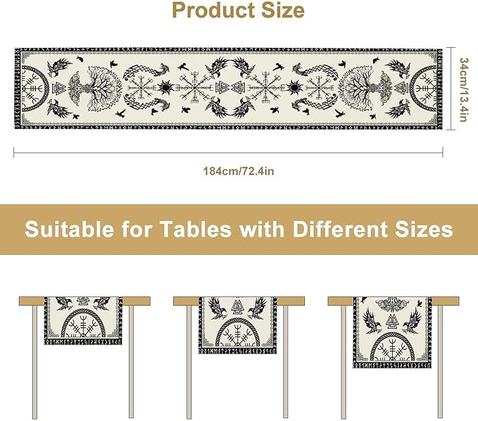 Viking Tree of Life Table Runner, Raven Helmet of Awe Seasonal Table Runner for Kitchen Dining Home Party 13x108in