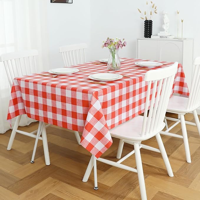 Romanstile Gingham Square Plastic Tablecloth, 100% Waterproof Oil-Proof Checkered PVC Table Cloth, Heavy Duty Vinyl Table Cover for Dining, Camping, Picnic, Outdoor - 54 x 54 Inch, Red and White