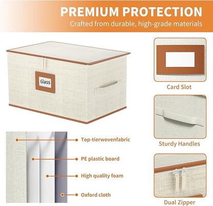 Aokeyee Wine Glass Storage Box Containers with Dividers - 2 Pack Stemware Storage Cases for 24 Crystal Glasses, Drinkware, Hard Shell for Moving & Protection(17'' x 12.8'' x 10.25'', Ivory)