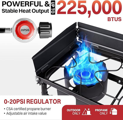 3 Burner Propane Camp Stove | 225,000 BTU Gas Burners | Side Shelves | Windscreen | Waterproof Cover | Detachable Legs | Ideal for Camping Backyard Outdoor Cooking