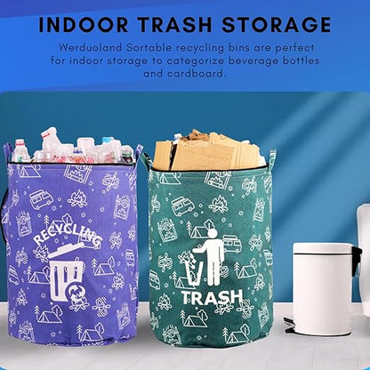 2 Pcs 30 Gallon Collapsible Trash Can Portable Waterproof Reusable with Zippered Lid for RV's, Camping, Recycling, Yard Waste, Leaf Bag, Children Toy Bin (Trash and Recycling)