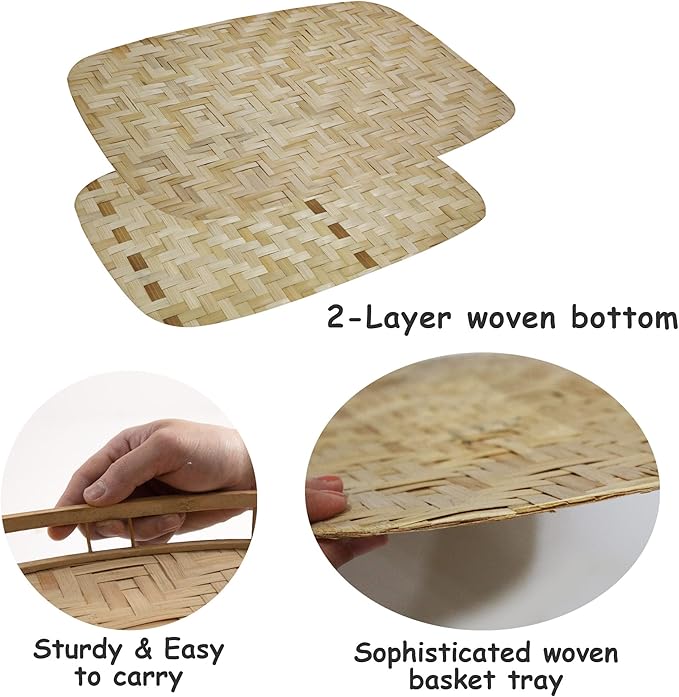 PEMAR Set of 6 Bamboo Wicker Serving Trays for Foods and Drinks, Rectangular Lap Trays for Breakfast. Decorative Bamboo Wood Basket Platters for Coffee Table, Picnic, Bed Eating