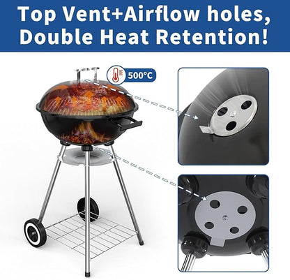 18 Inch Portable Charcoal Grill, Heavy Duty Kettle BBQ Smoker with Built-in Thermometer & Removable Water-Rinsable Ash Catcher for Outdoor Camping, Patio, Backyard, and Tailgating