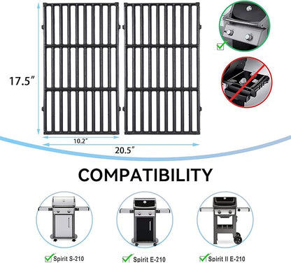 17.5 Inch 7637 Cooking Grates for Weber Spirit & Spirit II 200 Series Spirit E210 Spirit E220 Spirit S210 S220 with Front Control, Cast Iron Grates Replacement Parts for Weber Spirit 2 Burner E-210
