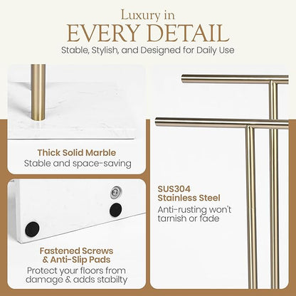 Free Standing Towel Rack for Bathroom - Satin Gold Finish - Stand Alone 2 Tier Stainless Steel Towel Rack for Bathroom Floor with Heavy Marble Base, Double T Shape Drying Stand for Towels