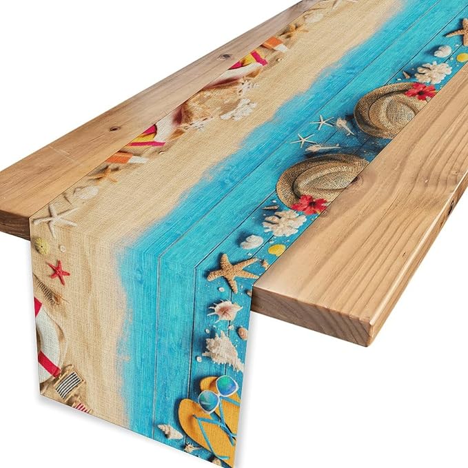 Summer Coastal Table Runner, Nautical Starfish Beach Seashell Ocean Retro Wooden Plank Seasonal Coffee Table Center Decor for Home Kitchen Dining Patio Holiday Party Table Decorations 13"x108"