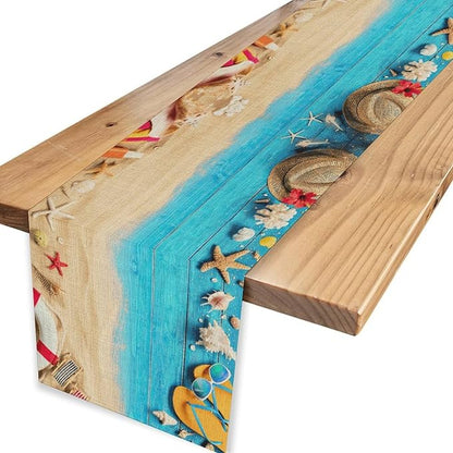 Summer Coastal Table Runner, Nautical Starfish Beach Seashell Ocean Retro Wooden Plank Seasonal Coffee Table Center Decor for Home Kitchen Dining Patio Holiday Party Table Decorations 13"x108"