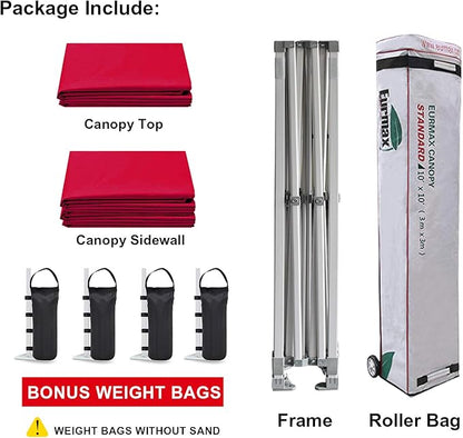 Eurmax USA 10'x10' Pop-up Canopy Tent Commercial Instant Canopies with 4 Removable Zipper End Side Walls and Roller Bag, Bonus 4 SandBags(Red)