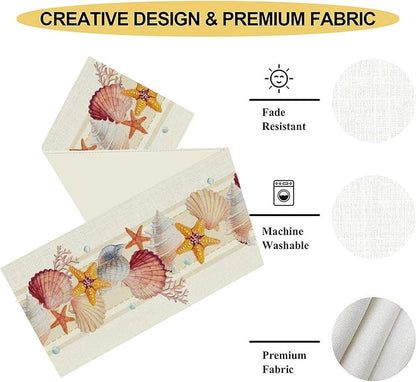 Coastal Table Runner, Yellow Coastal Starfish Coral Shell Pearl Beach Ocean Watercolor Summer Coffee Table Center Decor for Holiday Party Kitchen Outdoor Farmhouse Table Decorations, 13" X 72"