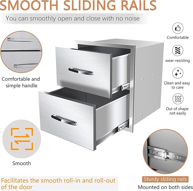 Pull Out Trash Drawer, Lower Sliding Rails Stainless Steel Roll Out Trash Bin Pull Out Tray With Handle For Outdoor Kitchen BBQ Island Grill Station,Double Drawers