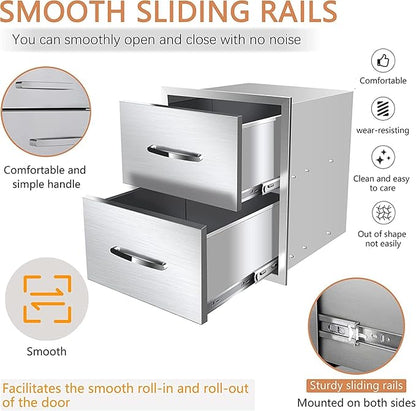 Outdoor Kitchen Drawers, Flush Mount Triple Access BBQ Drawers With Stainless Steel Handle, BBQ Island For BBQ Island Patio Grill Station,Double Drawers