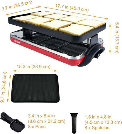 TAMARIT Classic 8 Person Raclette Grill 1500W Electric Tabletop Griddle with Reversible Plate, 8 Non-Stick Cheese Trays and Spatulas Indoor Portable Korean BBQ Barbecue Party Grill Red