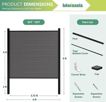 Mondaria Fence Privacy Screen with 8ft In-ground Posts, 6ft(H) x 6ft(W) Wood Plastic Composite Fence Panels Weather-Resistant Outdoor Fence for Backyard/Garden (Silver Gray, 2 Posts)