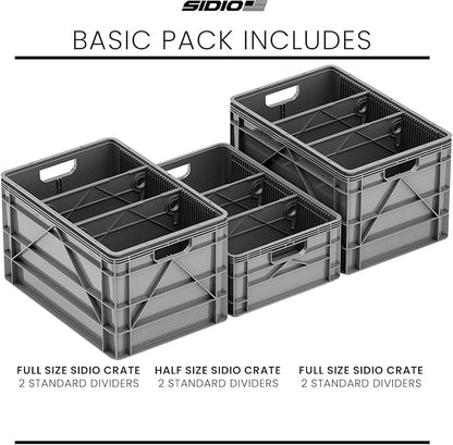 SIDIO Crate Basic Pack - 2 Full-Size & 1 Half-Size Heavy Duty Stackable Storage Bins, Totes and Containers with Dividers - Durable Plastic Organizer for Home, Office, Garage, and Outdoor Use, Gray