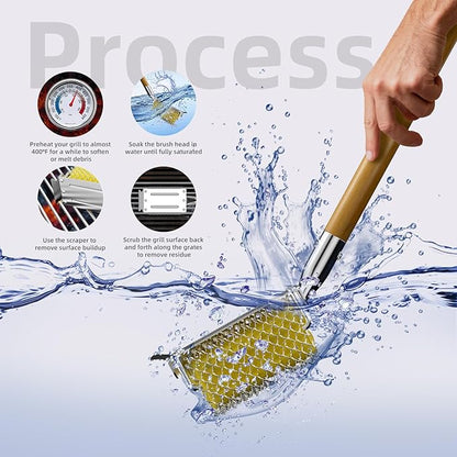 HOUSE AGAIN Grill Brush Bristle Free with Scraper, Safe Steam Cleaned Replaceable Head Fire Resistant Grill Cleaning Brush Strong Barbecue Brush Cleaner Non Wire for Outdoor Grill Grate/Wooden Handle